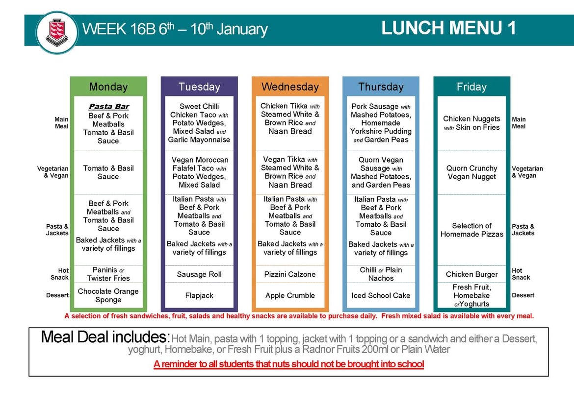 Lunch menu <a href="/PenistoneGS/">Penistone Grammar School</a> for week commencing Monday 6th January 😋