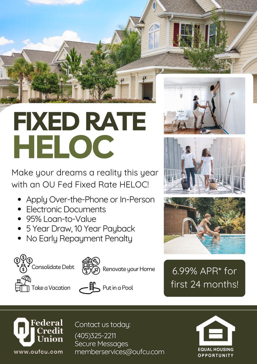 OUFedCU's tweet image. Dream big this year with an OU Fed HELOC! For a limited time, we are offering a fixed rate for the first 24 months. Contact us today for more information! 🏡