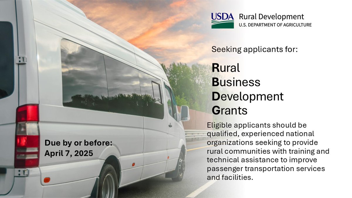STAKEHOLDER ANNOUNCEMENT. USDA is seeking  applicants to provide technical assistance to enhance rural transportation systems that will connect people to more economic resources in their communities through the Rural Business Development Program. Details: tinyurl.com/yeyw4fx2