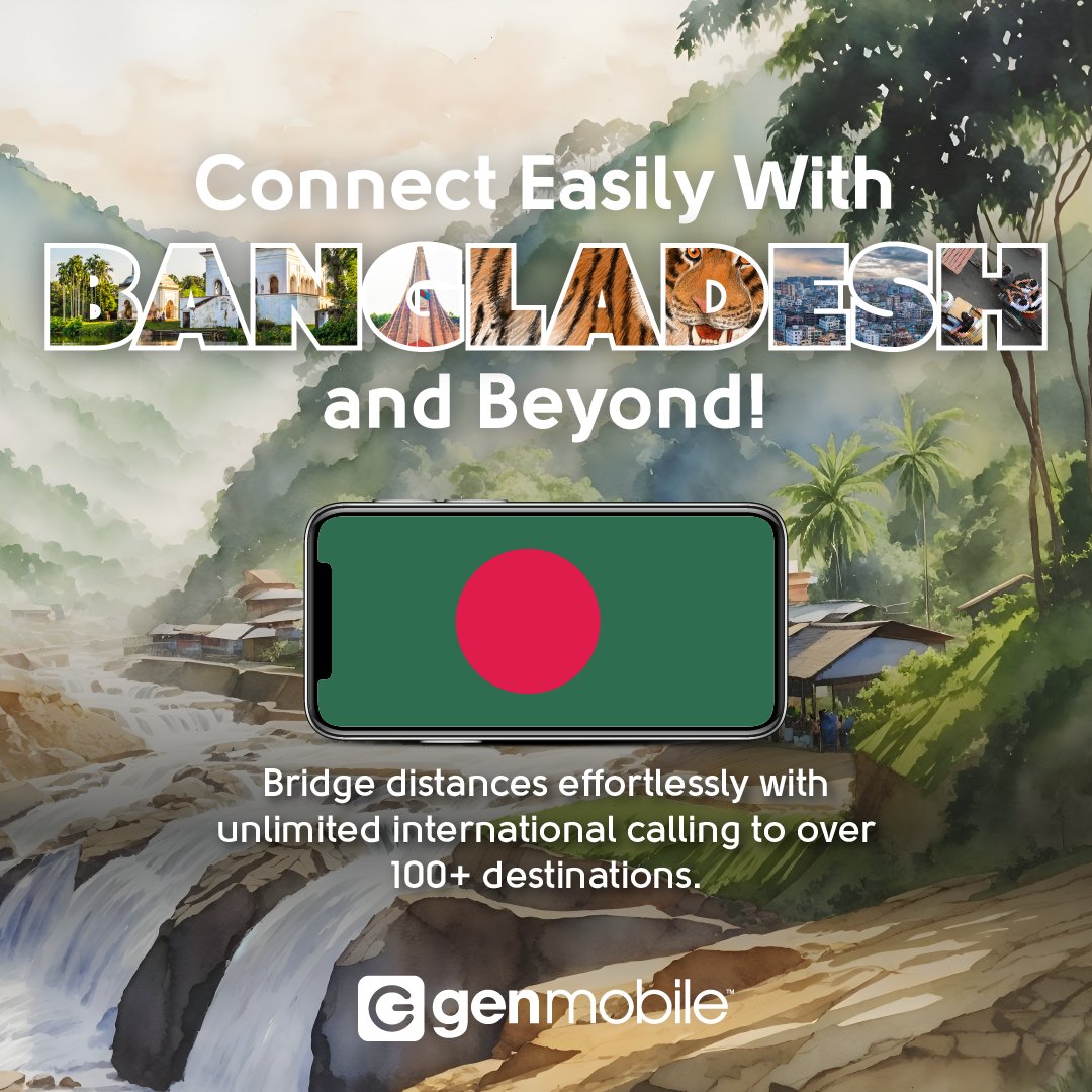 হ্যালো বাংলাদেশ! 🇧🇩 Keep the bonds strong with loved ones in Bangladesh and beyond using Gen Mobile's unlimited international calls. Our plans offer seamless connectivity at affordable rates. Sign up today!
#Bangladesh #Destination #InternationalCalling #Connect #Plans #GenMobile