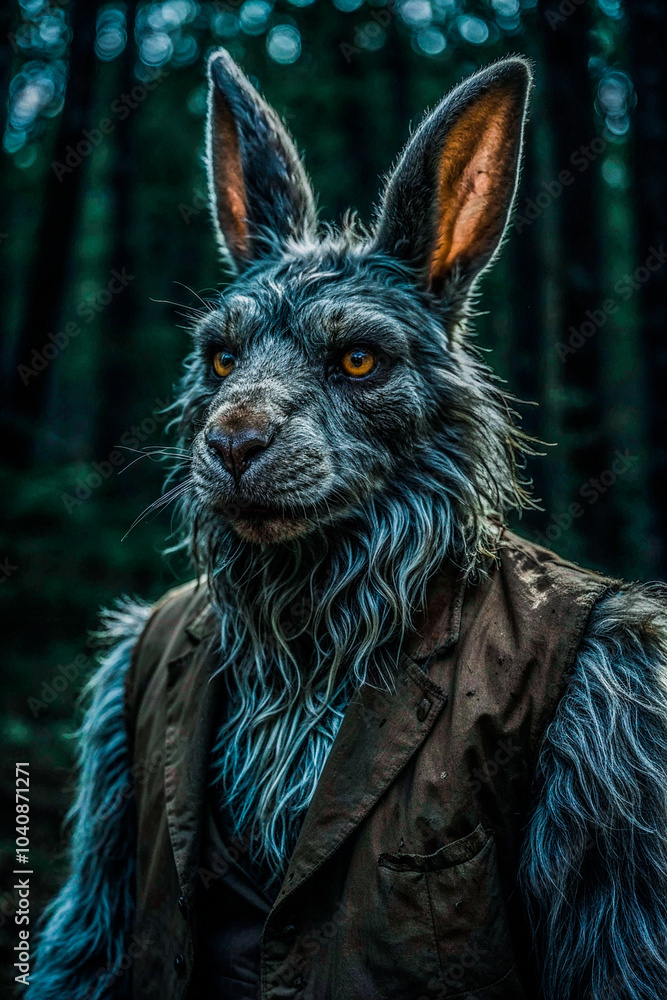 ArtistEvolve1's tweet image. A captivating portrait of a wolf-like humanoid creature, with gray and blue fur, glowing yellow eyes, and a weathered brown vest

#wolfCreature #FantasyArt #HumanoidDesign #MysticalVibes #NatureAndMystery #ForestCreature #FantasyPortrait #IntenseExpression #SurrealArt