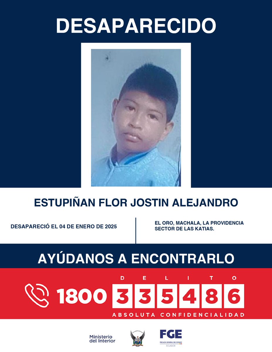 ‼️#URGENTE
Jostin Alejandro Estupiñán Flor está reportado como desaparecido. Si tienes información de su ubicación, comunícate de inmediato con las autoridades.