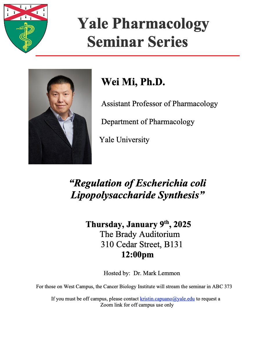 Wei Mi will give the first seminar of our 2025 Pharmacology Seminar Series in Brady at Noon on Thursday.  Come and hear about his exciting work.