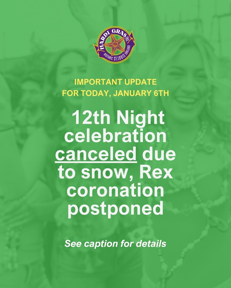 ❄️ UPDATE: CANCELED  ❄️

Tonight's 12th Night Celebration is officially canceled due to winter weather. BUT, not even snow can keep the Mardi Gras Board of Directors from fulfilling their 2025 duties. 🎭

See our full update here: stlmardigras.org/images/uploads…