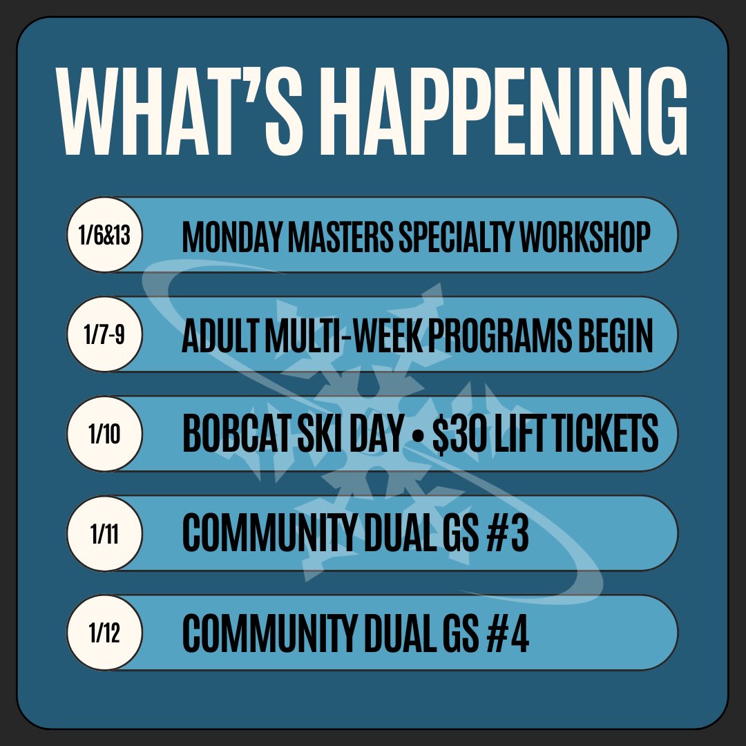 What’s the haps at BBowl this week:

🎿 Specialty Workshops and Adult Multi-Week Programs starting this week
🎟️ Grab $30 lift tickets on Friday for carpools of 3 or more
🏁 Challenge your crew at the Community Dual GS races Sat &amp; Sun

Full details: bridgerbowl.com