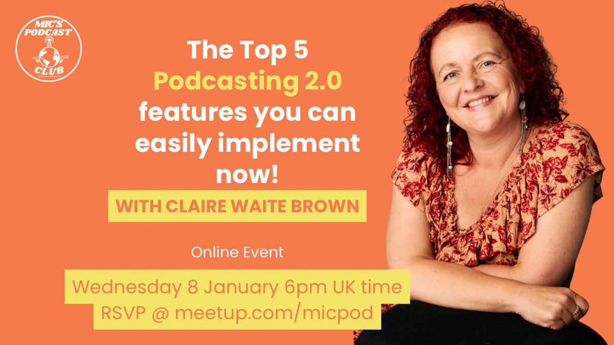 MIC’s Podcast Club (@micspodcastclub) on Twitter photo Confused by Podcasting 2.0? 🎙️
Join Jan's <a href="/MICsPodcastClub/">MIC’s Podcast Club</a> this Wed (8th Jan, 6pm UK) with Claire Waite Brown.
Learn the top 5 features to implement NOW and boost your podcast's discovery, engagement & monetisation.
RSVP at meetup.com/micpod Confused by Podcasting 2.0? 🎙️
Join Jan's <a href="/MICsPodcastClub/">MIC’s Podcast Club</a> this Wed (8th Jan, 6pm UK) with Claire Waite Brown.
Learn the top 5 features to implement NOW and boost your podcast's discovery, engagement & monetisation.
RSVP at meetup.com/micpod
