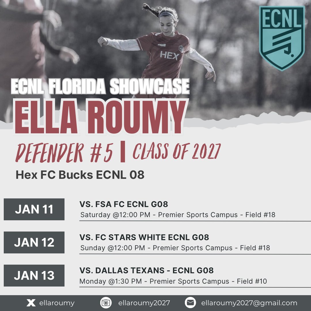 ellaroumy's tweet photo. So excited to play with my teammates this weekend at #ECNLFL for the first showcase of the year! Here’s my schedule!⬇️
@ECNLgirls @HEXFC23 @ImCollegeSoccer @ImYouthSoccer @TheSoccerWire @TopDrawerSoccer @PrepSoccer @WSOCRecruits https://t.co/ZBmhIcxxS9