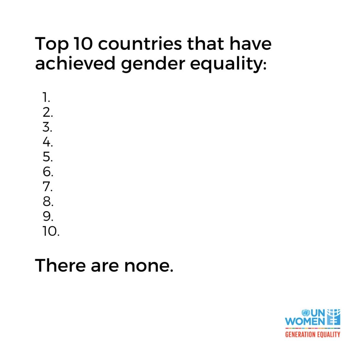 PVAenglish's tweet image. It&apos;s 2025 and no country has yet achieved gender equality.

At the current rate of progress, it could take another 300 years for women and girls to have the same rights and protections as men.

Each of us can take action to help achieve #GenerationEquality.