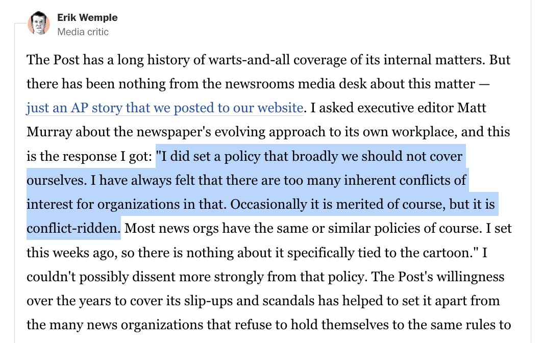 Ben Mullin (@benmullin) on Twitter photo .<a href="/murraymatt/">Matt Murray</a> tells <a href="/ErikWemple/">ErikWemple</a> that he has "set a policy broadly we should not cover ourselves." Wemple says "I couldn't possibly dissent more strongly from that policy."
washingtonpost.com/opinions/2025/… .<a href="/murraymatt/">Matt Murray</a> tells <a href="/ErikWemple/">ErikWemple</a> that he has "set a policy broadly we should not cover ourselves." Wemple says "I couldn't possibly dissent more strongly from that policy."
washingtonpost.com/opinions/2025/…