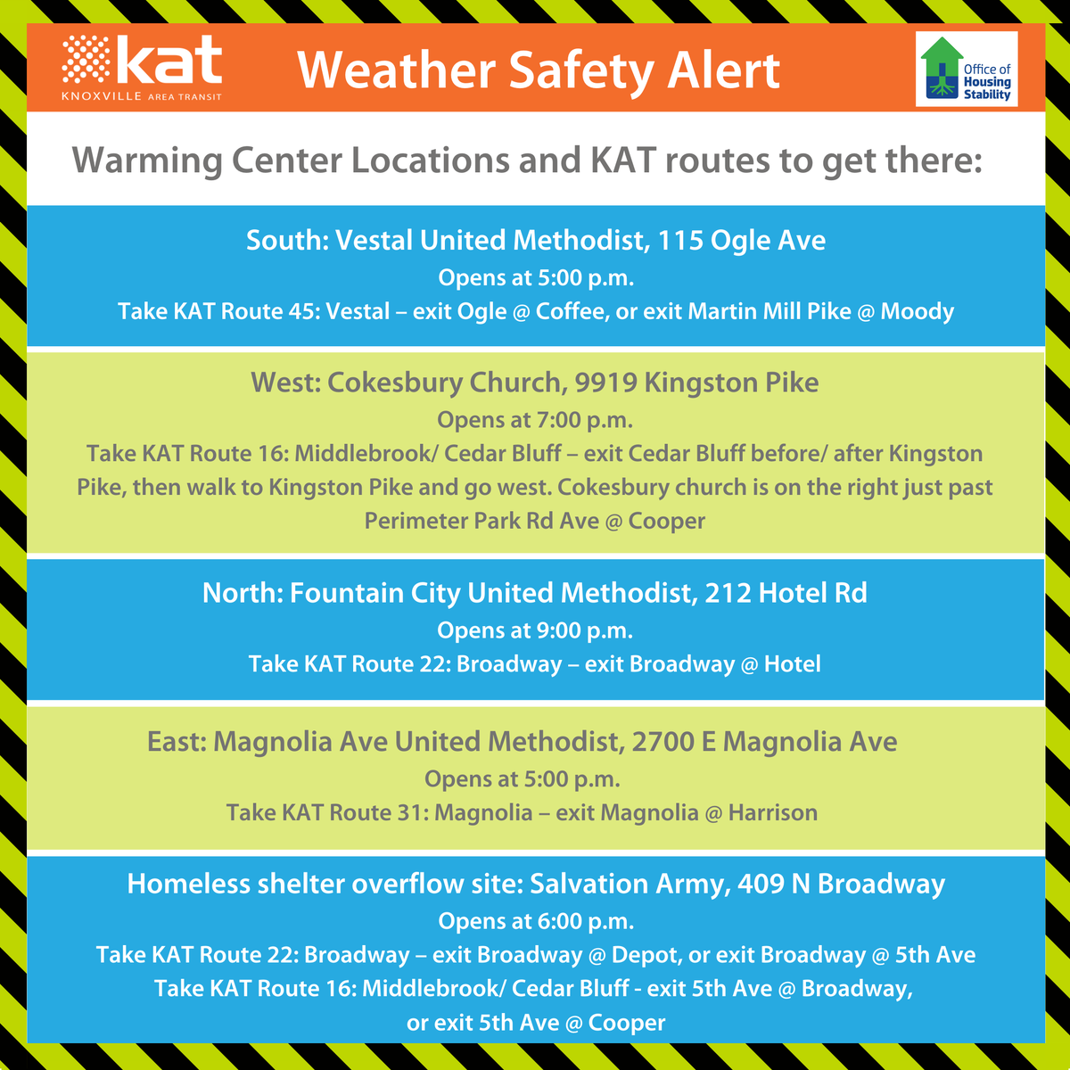 kat_bus's tweet image. Due to extremely cold weather, we are partnering with knoxtnhousing.org to provide 🆓 rides to warming centers Mon 1/6/25 - Sat 1/11/25. Passengers can request a free ride to any warming center after 3pm each day &amp;amp; tell their driver when boarding the bus
#KATGoesThere