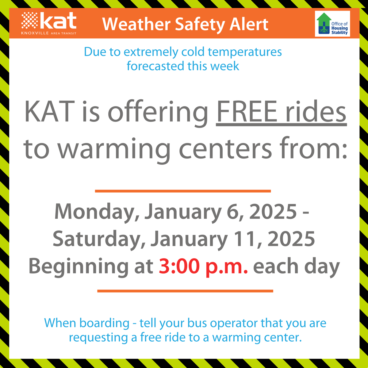 kat_bus's tweet image. Due to extremely cold weather, we are partnering with knoxtnhousing.org to provide 🆓 rides to warming centers Mon 1/6/25 - Sat 1/11/25. Passengers can request a free ride to any warming center after 3pm each day &amp;amp; tell their driver when boarding the bus
#KATGoesThere