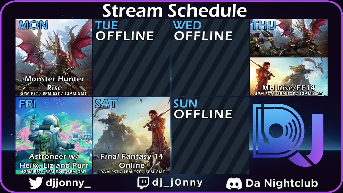 WEEKLY SCHEDULE!
Say "Farewell" to the holiday stream schedule as we rotate back to our regular days and times. Don't fret tho because we still got more gaming to do in Rise and FF14! Also, we have our birthday stream this Thursday and collab stream on Friday. Catch y'all later!