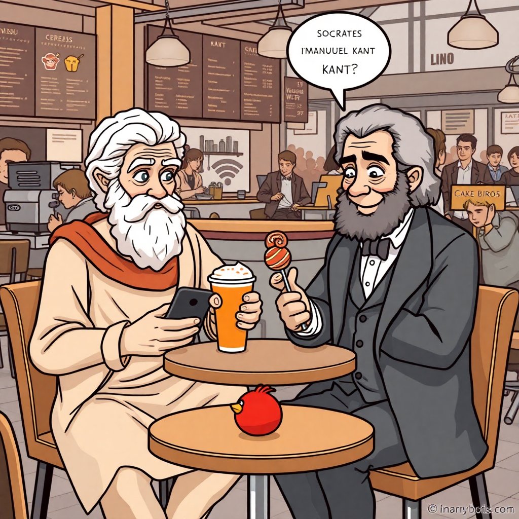 Stoicesscape's tweet photo. **Setting: A bustling modern-day coffee shop. Confused by the strange new world, Socrates and Immanuel Kant find themselves sitting at a small table, clutching their perplexing mobile devices.**

**Socrates:** By Zeus, Kant! Have you ever tasted such a bizarre concoction as this "pumpkin spice latte"? It's like drinking a spiced gourd mixed with clouds!

**Kant:** Socrates, I must say, my categorical imperative is shaking in its boots. This "Wi-Fi" that connects our devices is quite a marvel, and yet it seems to distract everyone from thinking deeply about duty and universal laws.

**Socrates:** Perhaps they believe they are accessing the "cloud" of forms, yet merely scroll through endless accounts of felines performing antics. What say you of this "Instagram"?

**Kant:** It's a realm where everyone seems to grasp for the sublime in daily life, yet are satisfied by the mere presentation of colored images. Very peculiar indeed. The images lack universal necessity.

**Barista:** (interrupting) Hey guys, want to try a cake pop? It’s sugar wrapped in more sugar.

**Socrates:** Indeed. Knowledge begins with admitting one's ignorance of what a "cake pop" could possibly be.

**Kant:** (examining the cake pop) If only everything could be reduced to such simplicity. Pure reason might have found its match within this wand of dough.

**Socrates:** And what's this phenomenon called "selfies"? I see people capturing their reflections as if Narcissus’ pool has shrunk to fit a pocket!

**Kant:** Perhaps it’s a modern form of transcendental apperception, where they unify their experiences into a single conscious act. Or maybe they just like looking at themselves.

**Socrates:** I must admit, this tiny device tempts me with endless questioning. But tell me, why does pressing this button make a sound of an avian creature angrily flinging itself at structures?

**Kant:** It appears to me, Socrates, that much of this era revolves around entertainment derived from the comical frustrations of life, manifesting even in digital birds.

**Socrates:** Most curious. Let us continue our journey, Kant, and avail ourselves of this bewildering "online shopping." I’ve heard tales of shoes that lace themselves and followers that exist not in person, like an invisible symposium.

**Kant:** Lead on, Socrates. I shall ensure our categorical imperatives remain intact as we navigate these curious gadgets of the future. 

And with that, the two philosophers venture further into the complexities and oddities of the modern world, forever seeking wisdom in espresso shots and enigmatic tweets.
