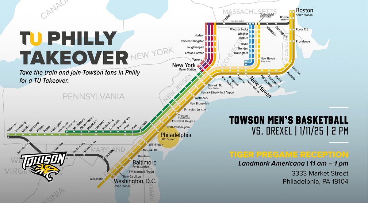 Join <a href="/Towson_MBB/">Towson Men's Basketball</a> in Philly this Saturday for a TU Takeover! Enjoy pregame with fellow Tiger fans at Landmark Americana and meet <a href="/TowsonUPrez/">Mark R. Ginsberg</a>  Dr. Mark Ginsberg and <a href="/TowsonTigers/">Towson Athletics</a> Athletics Director <a href="/SteveEig/">Steve Eigenbrot</a> . Register today and bring your TU Pride! 
alumni.towson.edu/s/event-detail…