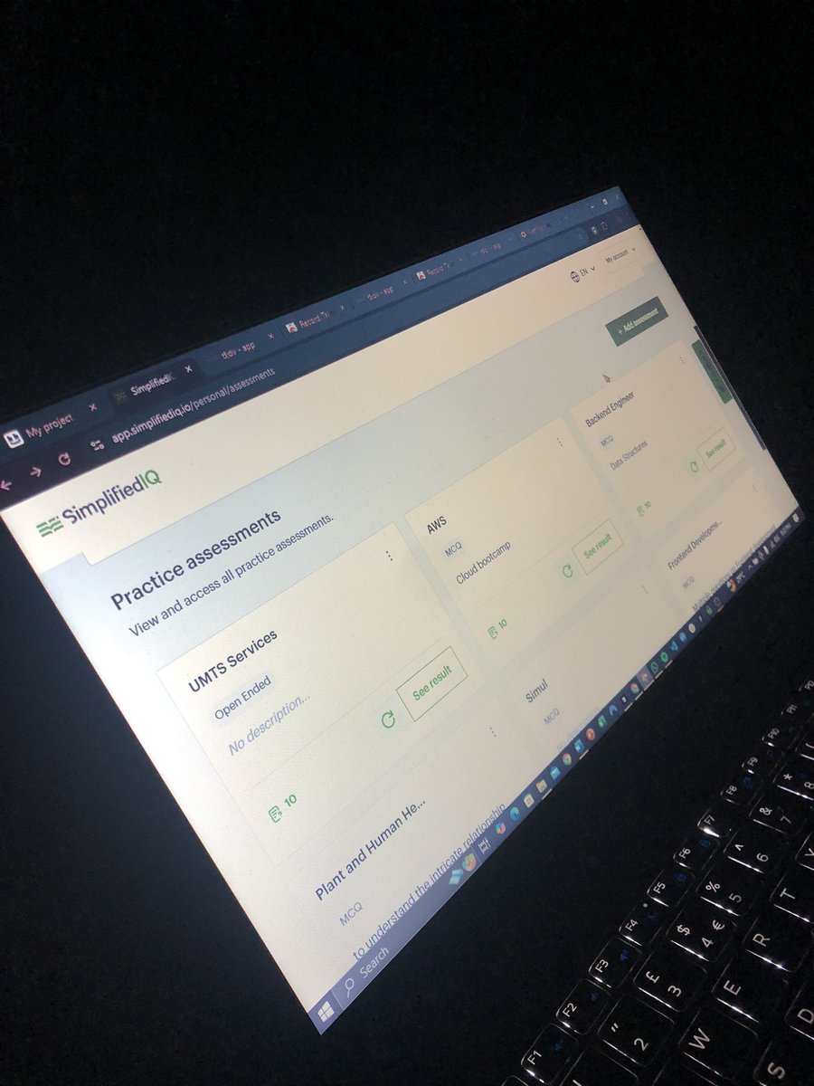 You think you’re good at Frontend, Backend or Cloud?? Today is a good day to test your knowledge on what you’ve learnt so far, visit app.SimplifiedIQ.io today to sign up 🔥

Ps: this was my result from an assessment I took on AWS 😭
