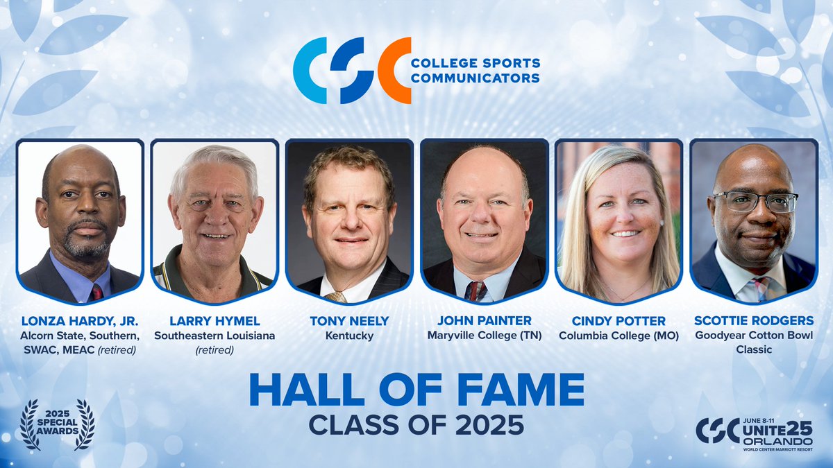 College Sports Communicators (@collsportscomm) on Twitter photo Kicking off our week of 2025 Special Awards announcements by celebrating the College Sports Communicators Hall of Fame Class of 2025!
Congrats to:
βοΈ Lonza Hardy, Jr. (<a href="/BRAVESSPORTS/">Alcorn Braves Athletics</a>, <a href="/SouthernUsports/">Southern University Jaguars</a>, <a href="/theswac/">Southwestern Athletic Conference</a>, <a href="/MEACSports/">Mid-Eastern Athletic Conference</a>)
βοΈ Larry Hymel (<a href="/LionUpAthletics/">Southeastern Athletics</a> / <a href="/oursoutheastern/">Southeastern LA Univ</a>)
βοΈ Kicking off our week of 2025 Special Awards announcements by celebrating the College Sports Communicators Hall of Fame Class of 2025!
Congrats to:
βοΈ Lonza Hardy, Jr. (<a href="/BRAVESSPORTS/">Alcorn Braves Athletics</a>, <a href="/SouthernUsports/">Southern University Jaguars</a>, <a href="/theswac/">Southwestern Athletic Conference</a>, <a href="/MEACSports/">Mid-Eastern Athletic Conference</a>)
βοΈ Larry Hymel (<a href="/LionUpAthletics/">Southeastern Athletics</a> / <a href="/oursoutheastern/">Southeastern LA Univ</a>)
βοΈ