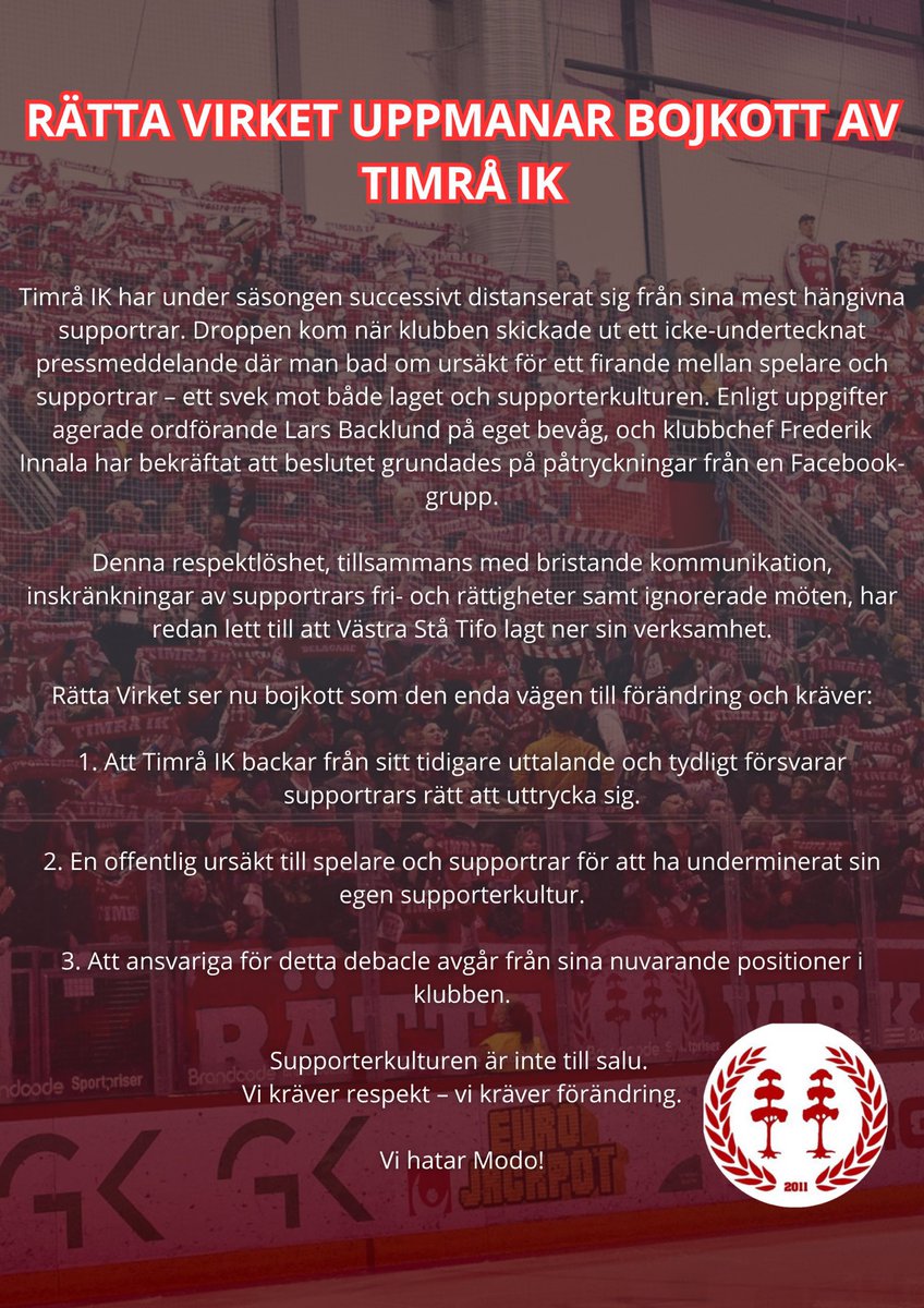 SvenskSupport's tweet photo. Supportergruppen Rätta Virket uppmanar till bojkott efter Timrås pressmeddelandena kring hur spelarna drog igång Vi hatar MoDo efter matchen mot MoDo https://t.co/cweR68hxsd