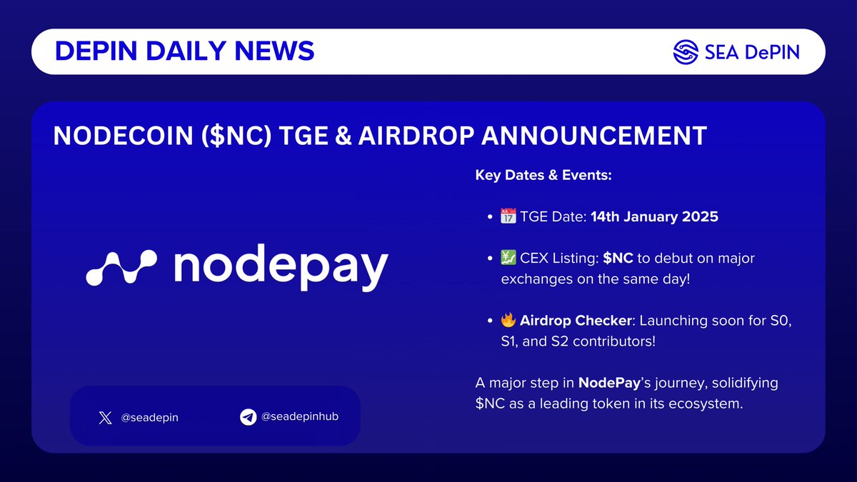 🎉 The Wait is Over! 🚀 @nodepay_ai has announced the NodeCoin ($NC) TGE  date and airdrop launch for S0, S1, and S2 contributors! 📅 Mark Your  Calendars: The TGE will go live