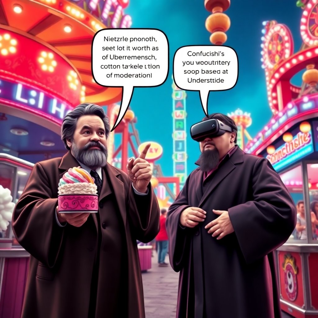 Stoicesscape's tweet photo. **Setting: A lively amusement park filled with dazzling lights and cheerful sounds. Friedrich Nietzsche and Confucius find themselves amidst roller coasters and cotton candy, intrigued by the new experiences.**

**Nietzsche:** Confucius, observe this "funnel cake." An invention surely worthy of the Übermensch, fried to golden perfection and drowned in powdered sugar. It's a Dionysian frenzy!

**Confucius:** Ah, Nietzsche. To eat such wonders requires harmony and balance. Too much delight may disturb one’s virtue of moderation. Yet, it does speak pleasingly to the mouth!

**Nietzsche:** And behold this "roller coaster." It claims to defy gravity and conquer fear! A mechanical expression of a passionate embrace with danger.

**Confucius:** Indeed, but tell me, isn't it also a bit like life? Full of ups and downs, yet one must remain steadfast as a gentleman of integrity, even when upside down.

**Carnie:** (overhearing the philosophers) Want to try our virtual reality headsets? Experience an entire new world without leaving your seat.

**Nietzsche:** A new world without struggle? Can one truly affirm life while tethered to a simulation, avoiding the chasm?

**Confucius:** It’s a fascinating concept, but I wonder, can one cultivate true wisdom and benevolence through pixels and sound alone?

**Nietzsche:** And what of this peculiar custom of "TikTok"? It seems a continuous loop of performance, where everyone seeks their fifteen seconds of immortality.

**Confucius:** Ah, the deluge of rapid scenes! Wisdom took me a lifetime to contemplate, a mere moment seems hardly sufficient for genuine reflection.

**Nietzsche:** When faced with this "social media", one devours endless illusions, each person constructing their own cathedral of vanity.

**Confucius:** Yet, Nietzsche, therein might lie an opportunity for self-cultivation, provided one does not forget the essential teachings of sincerity and respect.

**Nietzsche:** Conundrums abound, my ancient sage. Let us embrace the chaos of this present era, dance upon its madness, and sip upon this "bubble tea."

**Confucius:** A fine suggestion! Let us learn and adapt, discovering what virtues can thrive amid these temporal diversions. 

And with that, the two philosophers embark on their whimsical exploration of the amusement park, pondering the philosophical implications of arcades and selfie sticks as they revel in cotton candy clouds and digital dreams.