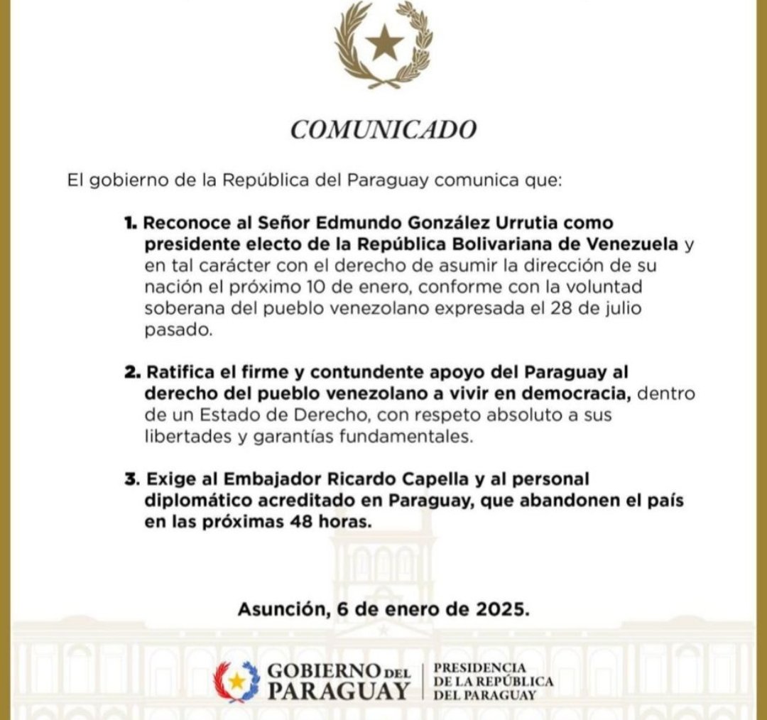Nahem_360's tweet image. Guerra de #Comunicados entre #Caracas y #Asunción. El narco-régimen de #Maduro rompió relaciones diplomáticas con el gobierno de #SantiagoPeña y éste reacciona reconociendo a #EdmundoGonzález como Pdte Electo de #Venezuela 🇻🇪.