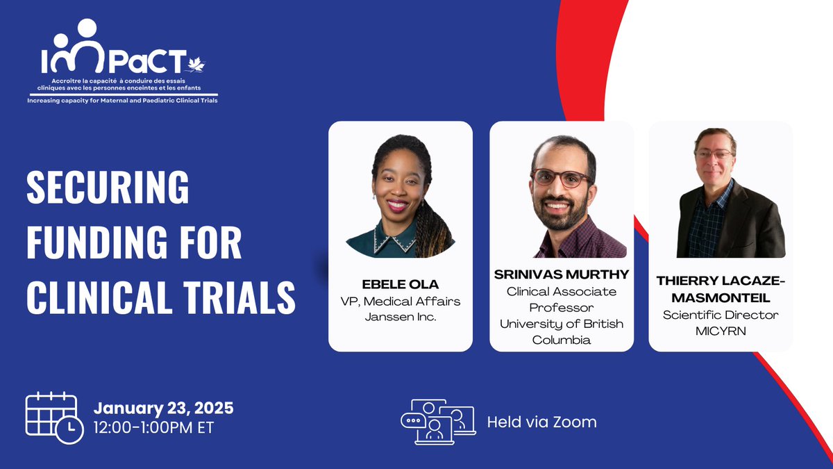 Join <a href="/IMPaCTrials/">IMPaCT</a> for their January webinar, Securing Funding for Clinical Trials! Hear from Drs. Ebele Ola, Srinivas Murthy and Thierry Lacaze-Masmonteil.

Learn more: impactrials.ca/events/january…