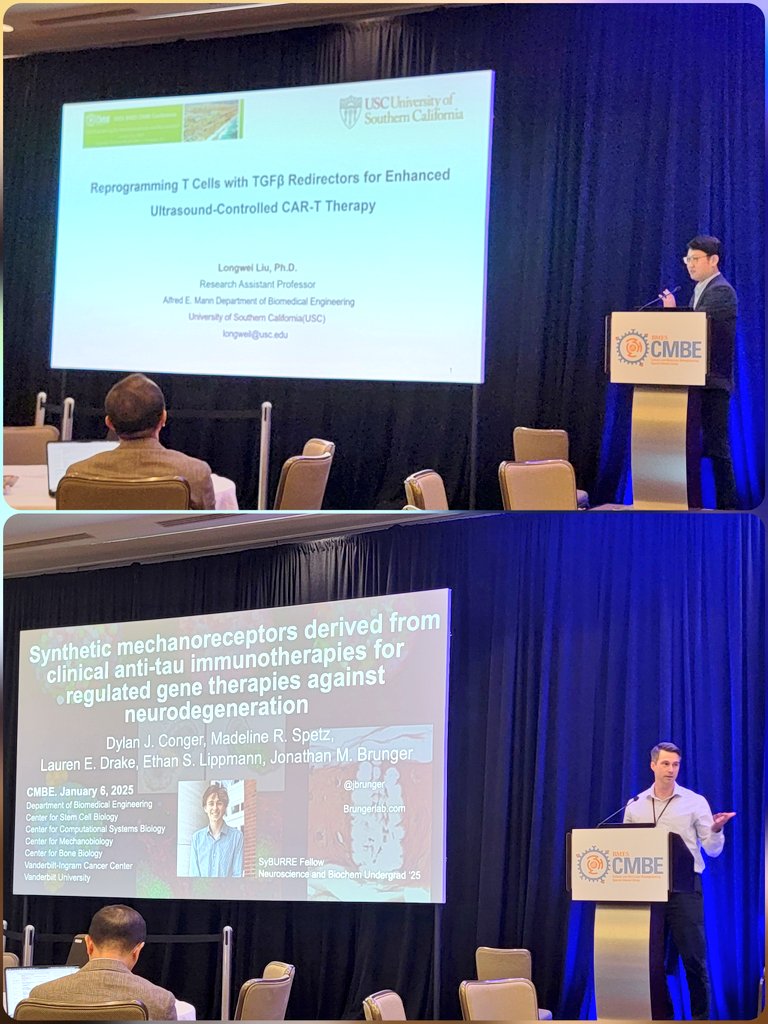 @BMES_CMBE (@bmes_cmbe) on Twitter photo What better way to wrap up #cmbe2025 than with two outstanding talks by <a href="/LongweiLiu/">Longwei liu</a> on getting T cells to "hear" for ultrasound-mediated CAR-T, and by @jbrunger on synthetic mechanoreceptors against neurodegenerarion (work by undergrad Dylan J.Conger!) What better way to wrap up #cmbe2025 than with two outstanding talks by <a href="/LongweiLiu/">Longwei liu</a> on getting T cells to "hear" for ultrasound-mediated CAR-T, and by @jbrunger on synthetic mechanoreceptors against neurodegenerarion (work by undergrad Dylan J.Conger!)