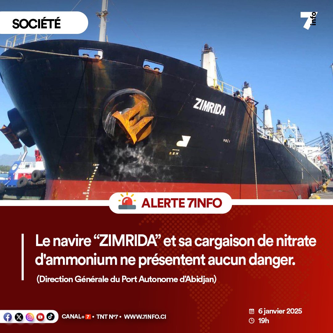7infoci's tweet photo. 🛑 #Alerte7info 🇨🇮 | Le navire ne souffre d'aucune avarie et remplit toutes les conditions de sécurité, conformément à la réglementation marine internationale. https://t.co/3HsWTYdyTv