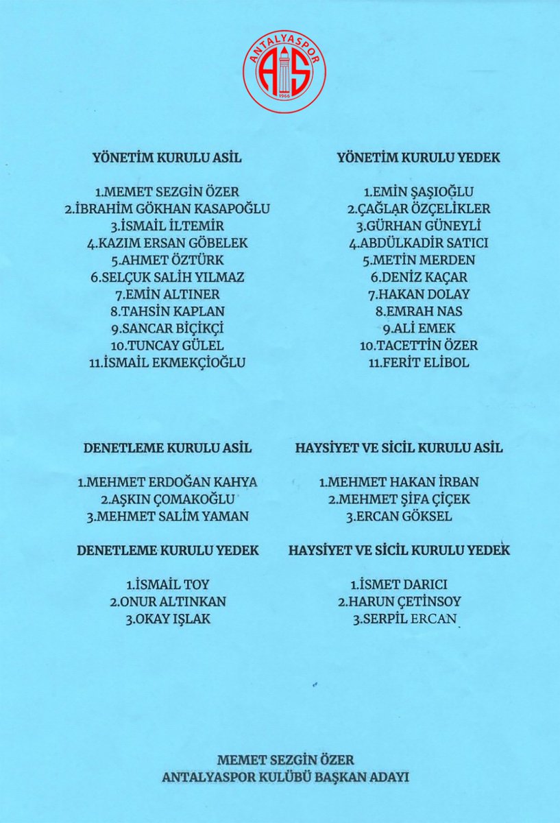 Yıllardır bu Şanlı Armaya her yer ve her koşulda menfaat beklemeden hizmet ettim ve şimdi tekrar inandığım ilkeler, Antalyaspor'un menfaatleri ve geleceği için göreve talibim. Desteklerinizi bekliyorum.
Dün, bugün ve yarın SADECE ANTALYASPOR.