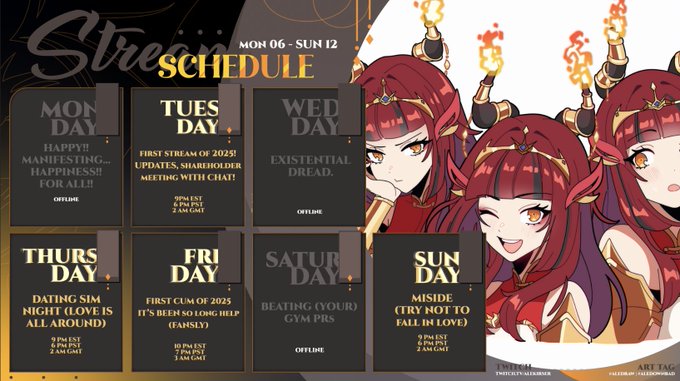THIS WEEK'S SCHEDULE ✨⚔️(JAN 6 - 12)   
ME AND MY MANY PERSONALITIES edition 
art by burasto https://t
