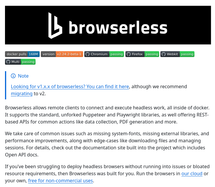 tom_doerr's tweet image. Browserless is a web service that allows remote clients to connect and execute headless browser tasks using Docker, supporting libraries like Puppeteer and Playwright, and offering REST APIs for functions like PDF generation and screenshot capture