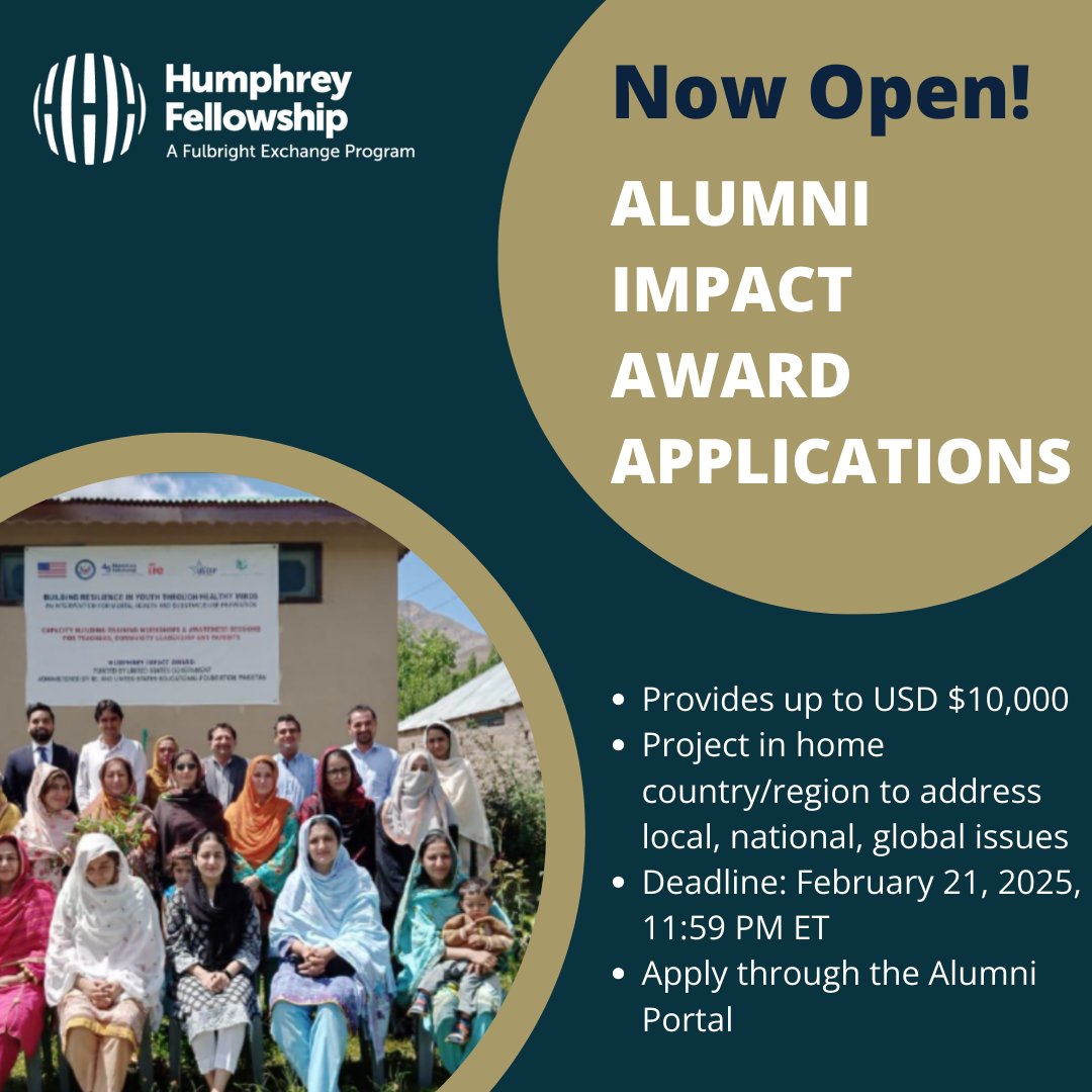 Humphrey Alumni! The Alumni Impact Awards and Professional Development Grant are now open! To learn more about the alumni awards and your fellow alumni’s experience with the awards, register for our webinars on January 9 and January 28 here: loom.ly/TANPzUU #humphreyalum