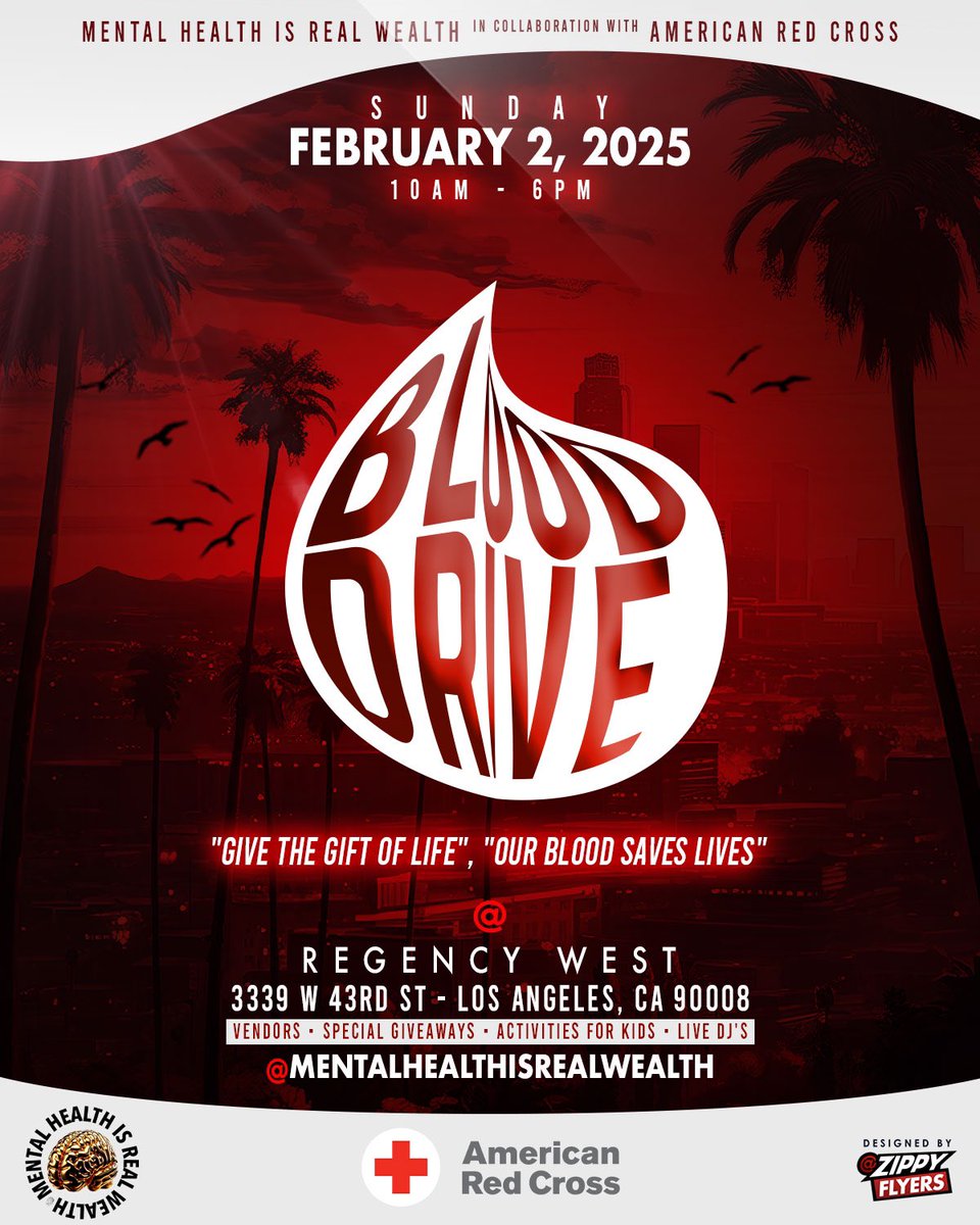 ejai_6's tweet image. Save The Date! 🚨Sunday Feb. 2 Mental Health is Real Wealth in collaboration w/ The Red Cross will be in Leimert Park at the Regency West for our 1st Annual blood Drive!