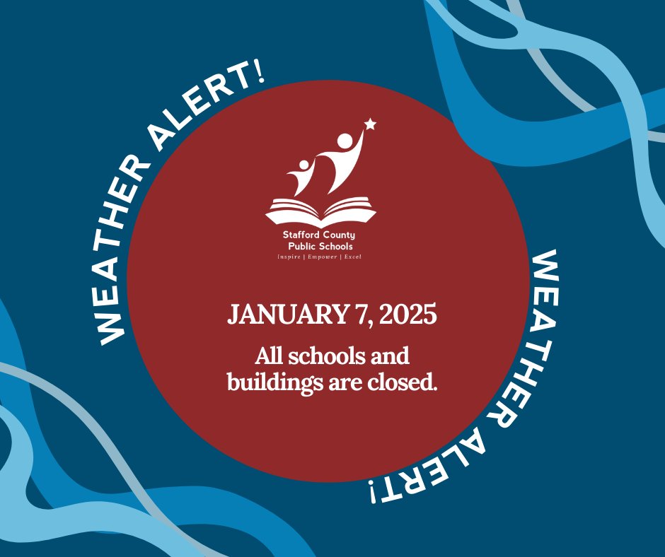 Due to ongoing adverse weather conditions and the extended winter storm warning, Stafford Schools will be closed on Tuesday, January 7, 2025. All activities and events scheduled for Tuesday are cancelled. This was regularly scheduled as a professional learning day, no students