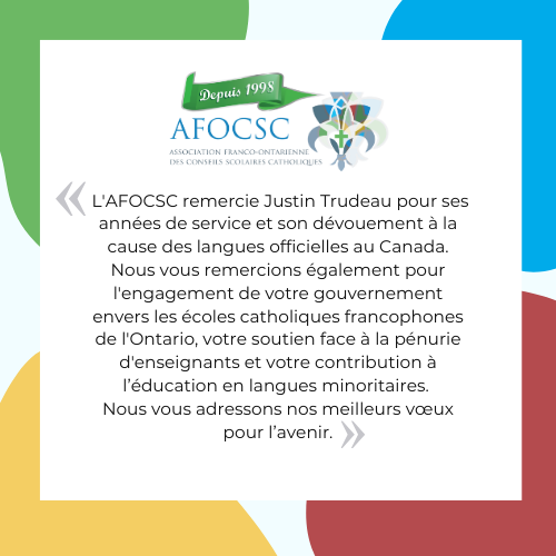 AFOCSC (@afocsc) on Twitter photo On remercie <a href="/JustinTrudeau/">Justin Trudeau</a> pour ses années de service. Merci pour l'engagement de votre gouvernement envers les écoles catholiques francophones de l'Ontario, le soutien face à la pénurie d'enseignants et l’éducation en langues minoritaires. Nos meilleurs vœux pour l’avenir! On remercie <a href="/JustinTrudeau/">Justin Trudeau</a> pour ses années de service. Merci pour l'engagement de votre gouvernement envers les écoles catholiques francophones de l'Ontario, le soutien face à la pénurie d'enseignants et l’éducation en langues minoritaires. Nos meilleurs vœux pour l’avenir!