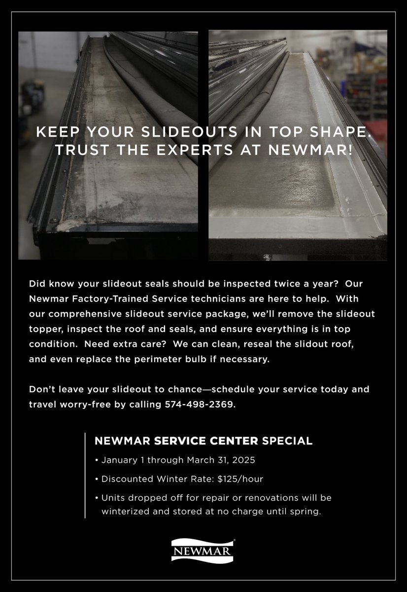 Did know your slideout seals should be inspected twice a year?  Our Newmar Factory-Trained Service technicians are here to help.  Schedule your service today and travel worry-free by calling 574-498-2369.

#newmarservice #newmar #travelworryfre
