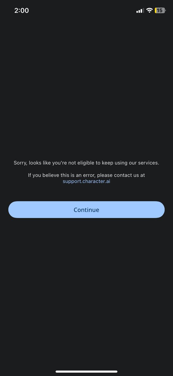 sadiebugss06's tweet photo. Character AI just asked for my birthday and I put it in then this messaged popped up. Uhm hello I’m 18

#characterai https://t.co/arU5PSnchS