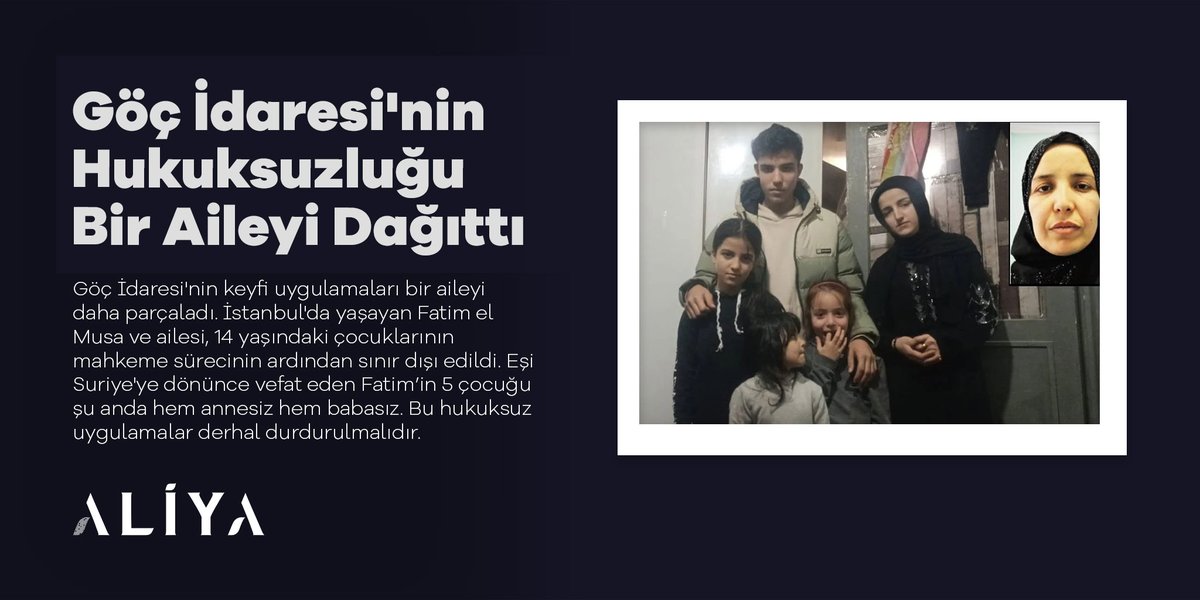 aliyavakfi's tweet photo. Göç İdaresi sıradanlıkla dolu ve hiçbir dayanağı olmayan uygulamalarıyla bir aileyi daha dağıttı.
Fatim el Musa ve ailesi İstanbul kimliğine sahip ve İstanbul'da ikamet ediyorlardı.
Ancak 14 yaşındaki çocuğunun uyuşturucu kullanması (Çocuk verdiği ifadesinde sadece kendisinin kullandığımı ifade etmiştir) nedeniyle mahkemeye götürülüp serbest bırakıldıktan sonra mahkemesi olup serbest bırakılan her Suriyeli gibi Geri Gönderme Merkezine alındı ve sonrasında sınır dışı edildi
Fatim'in eşi Fatim Suriye'ye gitmeden önce hasta olup gittiğinde vefat etti ve sonrasında cenazesi Suriye'ye götürüldü.
Şu anda en büyüğü 18 yaşında olmak üzere 5 çocuk annesiz ve babasız yaşamakta.
Bu 5 çocuk 10larca belki 100lerce aynı durumu yaşayan ailelerden sadece biri.
Dolayısıyla anneleri en hızlı şekilde Türkiye'ye geri alınmalıdır.
Her zaman talep ettiğimiz gibi tekrar ediyoruz.
Göç İdaresi'nin bu uygulamaları hukuksuzdur ve hiçbir gerekçeleri yoktur.
Göç İdaresi'nin kurumu olduğu İçişleri Bakanlığına da bunu iletip bu kurumu derhal ve derhal durdurmasını talep ediyoruz.
@Gocidaresi
@TC_icisleri