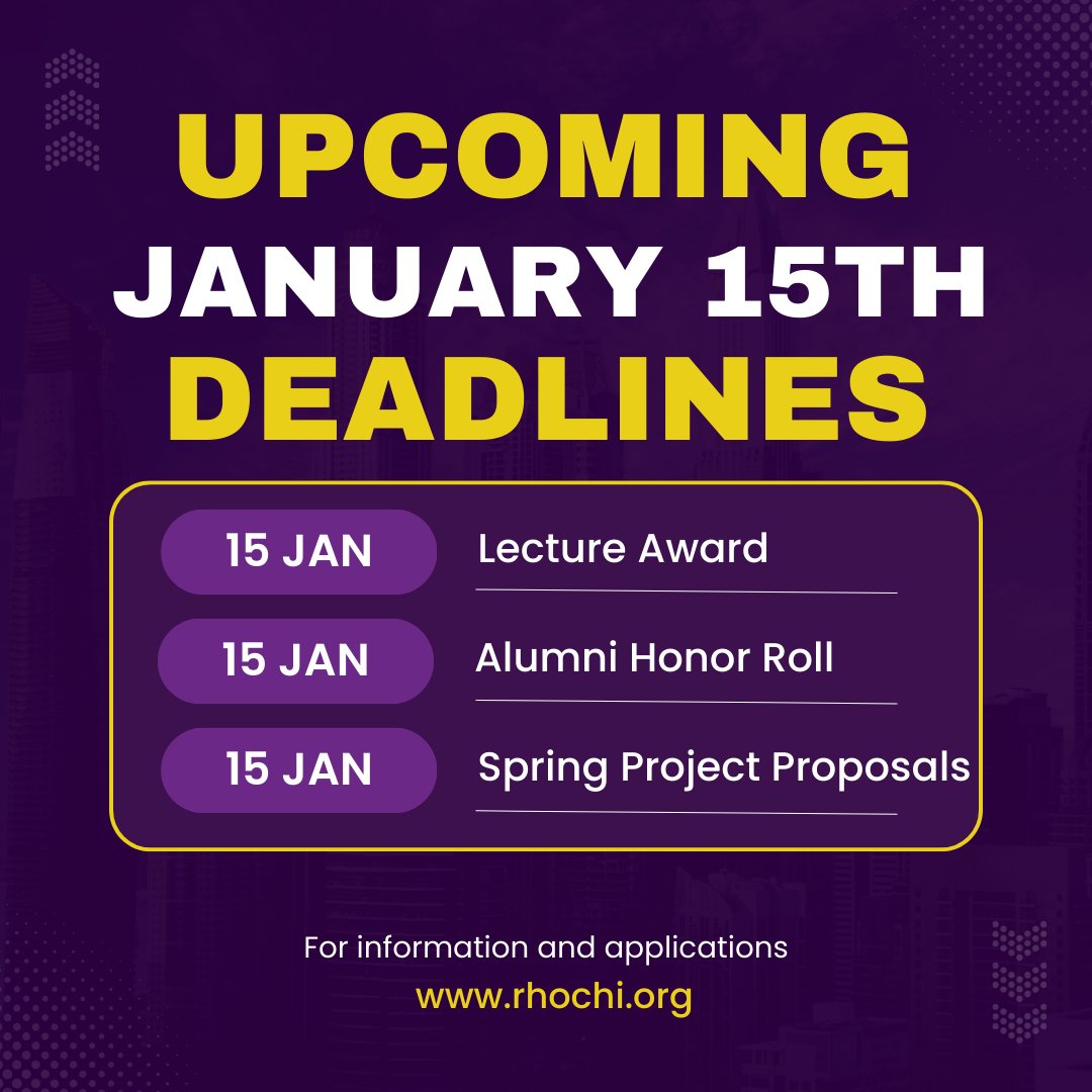 🚨 Don't delay! Submit your applications today! 🚨 The application deadline is January 15, 2025! 📅
🎓 Lecture Award 🏅 Alumni Honor Roll 🌸 Spring Project Proposals
Visit rhochi.org for additional details. Don’t miss out on these amazing opportunities!#rhochiforlife