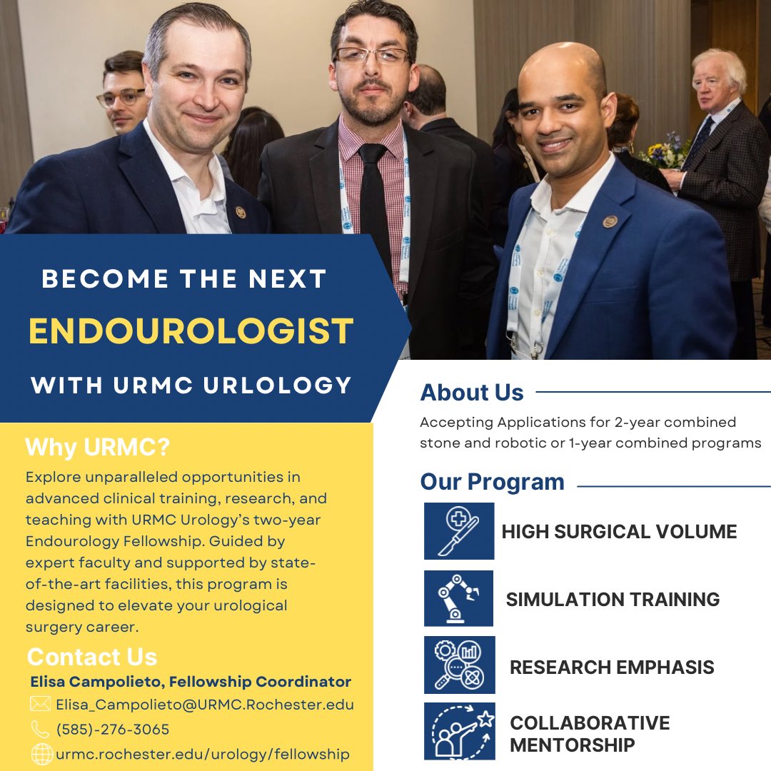 URMC Department of Urology (@urmcurology) on Twitter photo Shape your future in #Endourology! #URMCUrology’s Fellowship offers unmatched training, expert mentorship, and cutting-edge resources. Applications for the 2026 match are open—apply by May 16, 2025! Visit urmc.rochester.edu/urology/fellow… to learn more. #URMCEndoUro <a href="/young_endosoc/">Young Endo Society</a> Shape your future in #Endourology! #URMCUrology’s Fellowship offers unmatched training, expert mentorship, and cutting-edge resources. Applications for the 2026 match are open—apply by May 16, 2025! Visit urmc.rochester.edu/urology/fellow… to learn more. #URMCEndoUro <a href="/young_endosoc/">Young Endo Society</a>