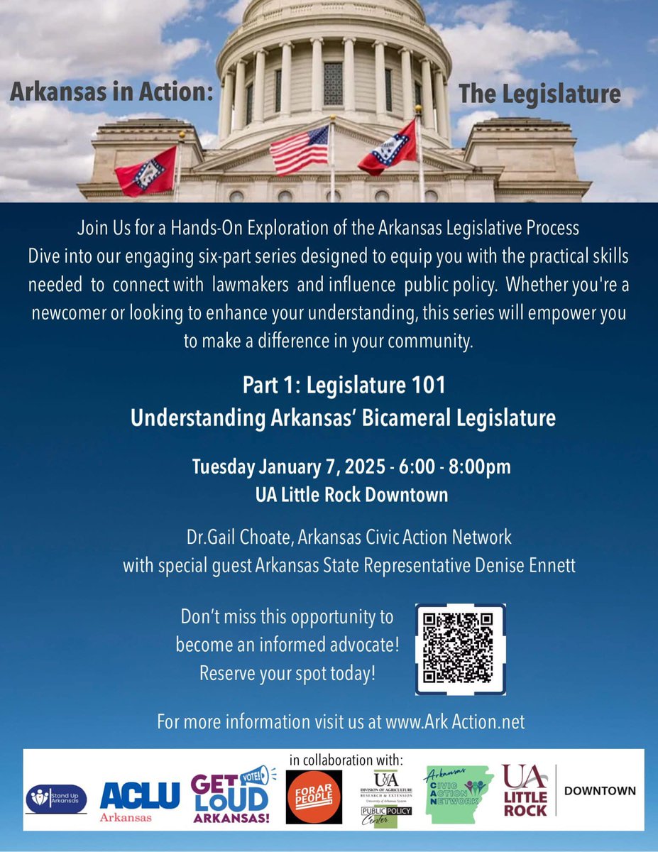 CHECK OUT this learning opportunity from Arkansas Civic Action Network tomorrow (Jan. 7) in Little Rock. This is the first of many sessions to come. 

Reserve your spot at forms.gle/tYU6ELLU1yRdMr…

We'll be part of a later session about the Arkansas ballot issue process.