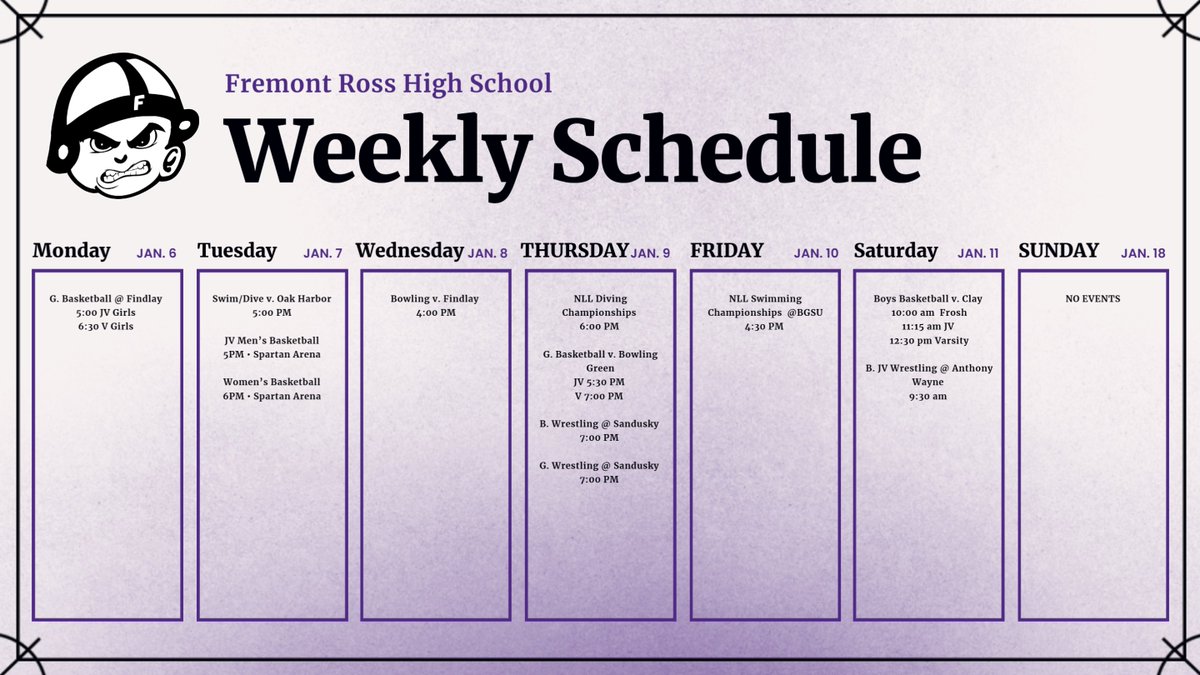 Here is a look at this week's events.  One notable change in this weeks schedule is that our boys basketball team will no longer be playing on Friday of this week, rather the game with Oregon has now been moved to to Saturday early afternoon.