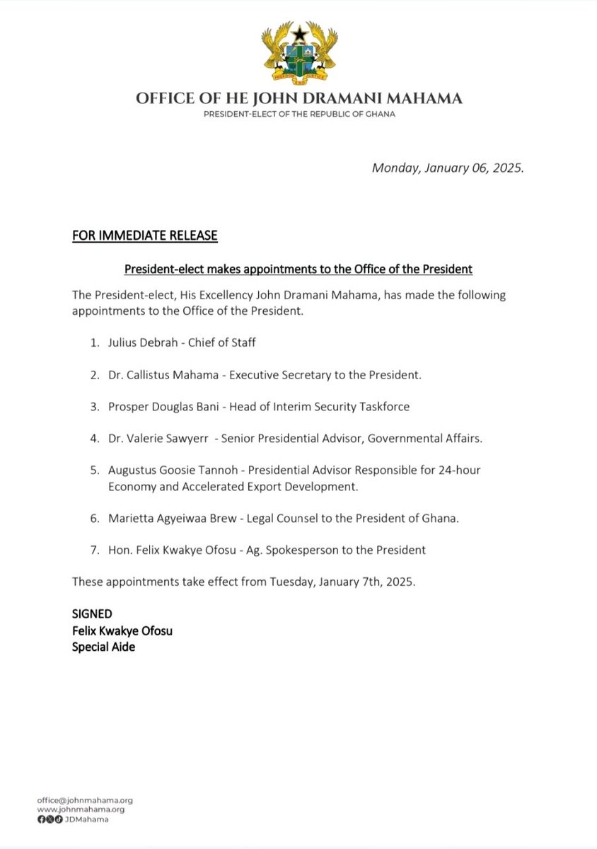 univers1057fm's tweet photo. President-Elect John Dramani Mahama (@JDMahama) makes appointments to the Office of the President
#UniversNews #UniversAt30 https://t.co/ph9fxeIpxn
