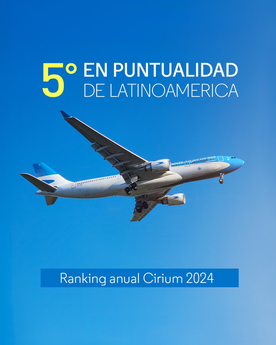 Nos complace destacar que Aerolíneas Argentinas ha sido reconocida como una de las aerolíneas más puntuales de Latinoamérica en el ranking de puntualidad 2024 de Cirium, ubicándonos en el puesto número 5. 

Cirium es una prestigiosa organización global que analiza datos de la