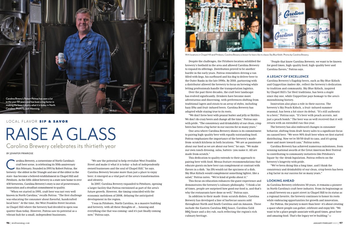 Raising a glass to our client, #CarolinaBrewery, celebrating their 30th anniversary! 🍻 

What better way to kick off the year than being featured in #MidtownMagazine! Their legacy of craft beer &amp; community has made them a local favorite in the Triangle. 

#tabletopmediagroup