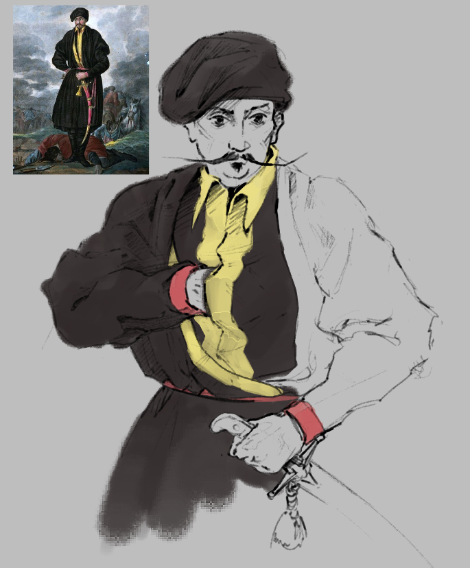 That in the corner is a depiction of Zaporozhian cossacks officer from 18th century. Doesn't look like a conventional cossack to me though ngl.