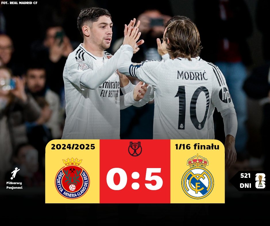 wofutbolu's tweet photo. #MINRMA

❗Spokojny wieczór "Królewskich" w Trzech Króli, Real Madryt aplikuje pięć goli Deportiva Minera❗

🔴🔵 Deportiva Minera 0:5 Real Madryt ⚪⚪ 

⚽ Fede Valverde 5'
⚽ Eduardo Camavinga 13'
⚽ Arda Güler 28'
⚽ Luka Modrić 55'
⚽ Arda Güler 88' https://t.co/WPHqwNNKOS