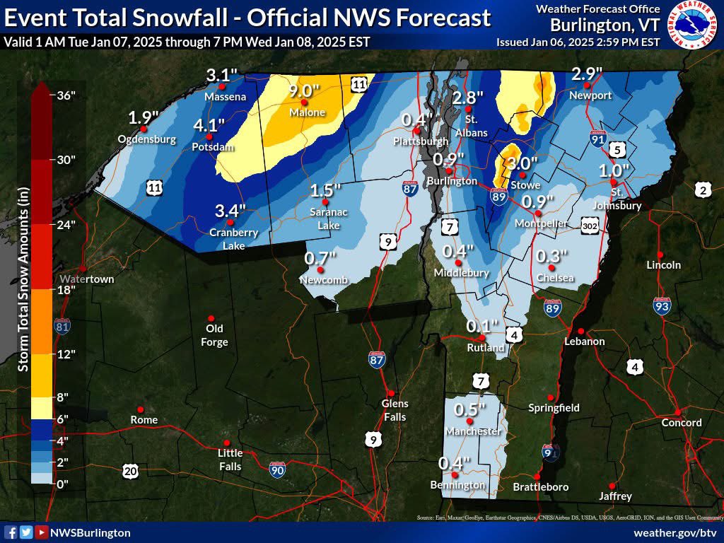 A prolonged snowfall event is expected across the mountains of northern New York and Vermont. Here’s our latest update on snowfall totals through 7 PM Wednesday, with additional snow likely Thursday into Friday.