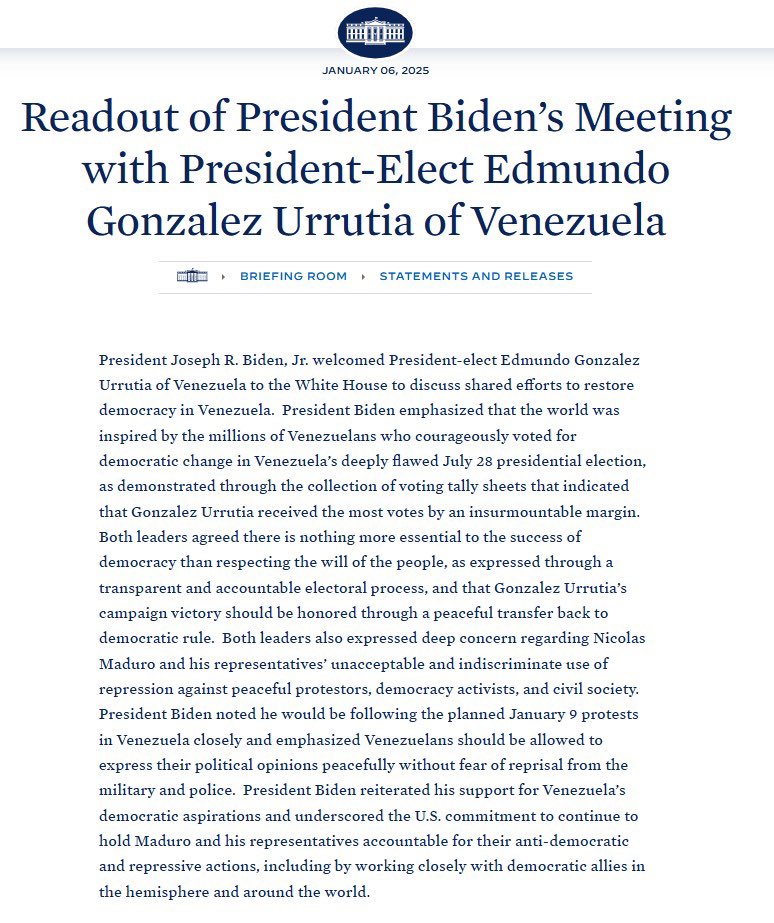 Maria Alesia Sosa (@mariaalesiasosa) on Twitter photo Comunicado oficial de La Casa Blanca sobre encuentro entre <a href="/POTUS/">President Donald J. Trump</a> y <a href="/EdmundoGU/">Edmundo González</a> whitehouse.gov/briefing-room/… Comunicado oficial de La Casa Blanca sobre encuentro entre <a href="/POTUS/">President Donald J. Trump</a> y <a href="/EdmundoGU/">Edmundo González</a> whitehouse.gov/briefing-room/…