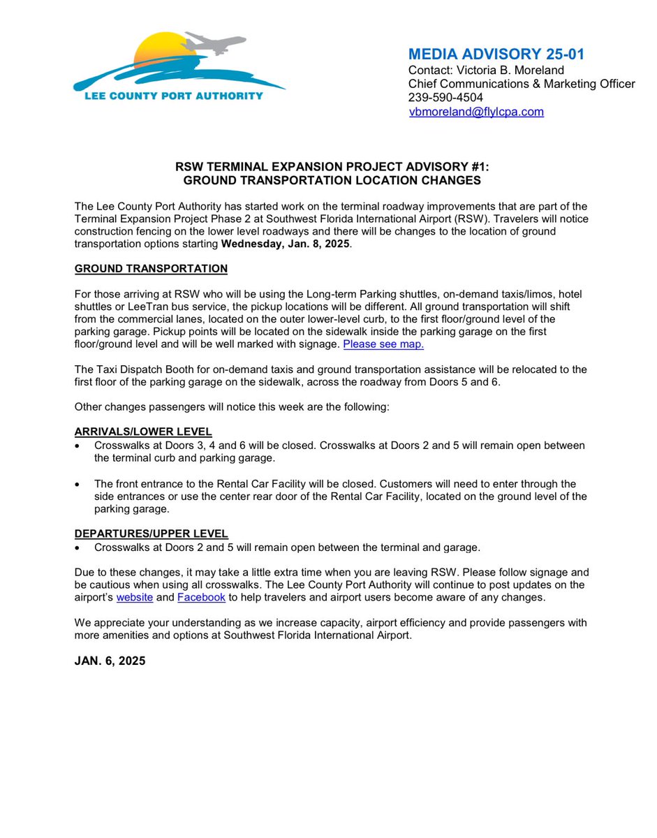 🚧 RSW Construction Alert 🚧

Starting 1/8/25, we will begin terminal roadway improvements as part of the Terminal Expansion Project Phase 2 at Southwest Florida International Airport (RSW). 
 
flylcpa.com/uploads/newsfi…