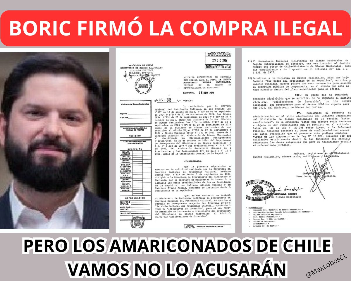 MaxLobosCL's tweet photo. Boric transgredió abiertamente la Constitución al firmar y autorizar la compra de la casa de Allende. Pero adivinen. Los amariconados de Chile Vamos no lo acusarán constitucionalmente a pesar de que se concreta plenamente la causal para destituirlo. ¡Son una vergüenza para Chile! https://t.co/HcsdW9fP7b
